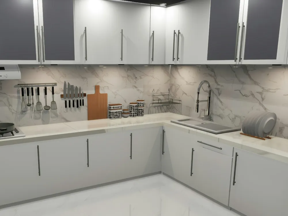 Modern kitchen with gray cabinets and a marble countertop